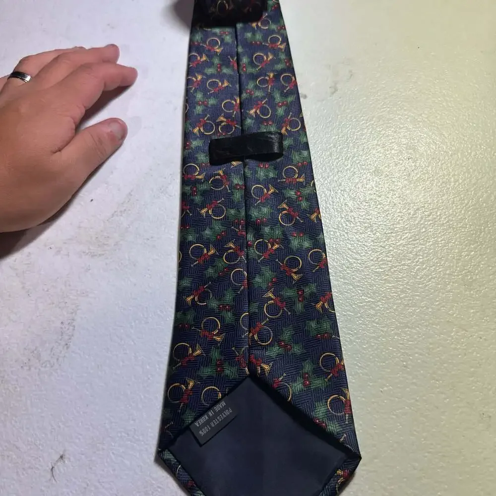Christmas Holiday Necktie - Blue with Holly and French Horn Pattern